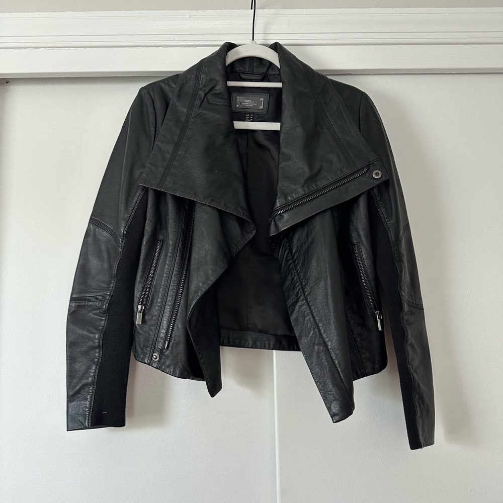 Mango Black Leather Moto Jacket with Waterfall Collar